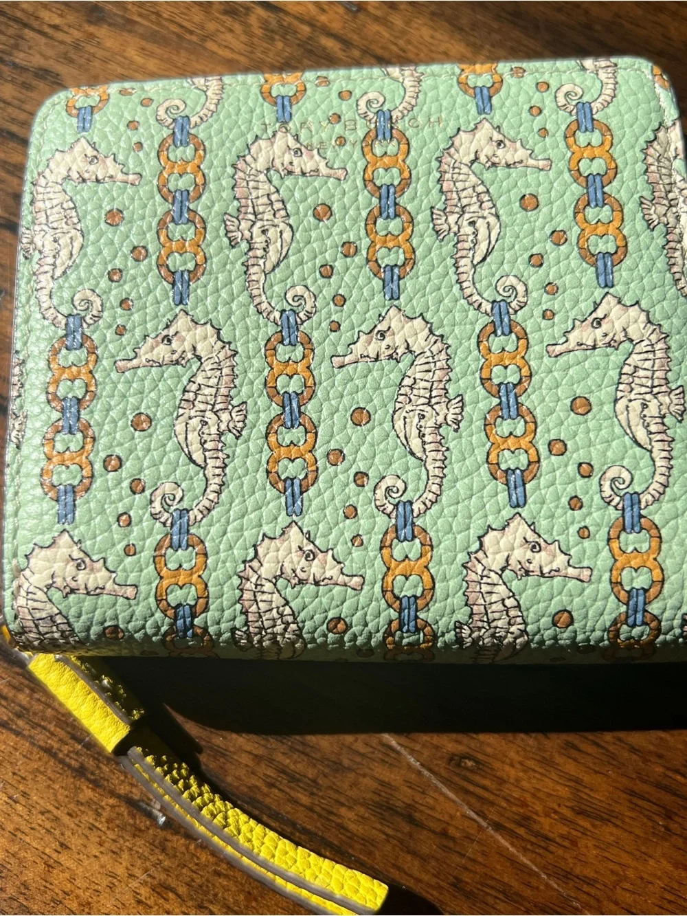 Tory Burch Mint Green Seahorse Print Wallet with Yellow Strap - Picture 1 of 5